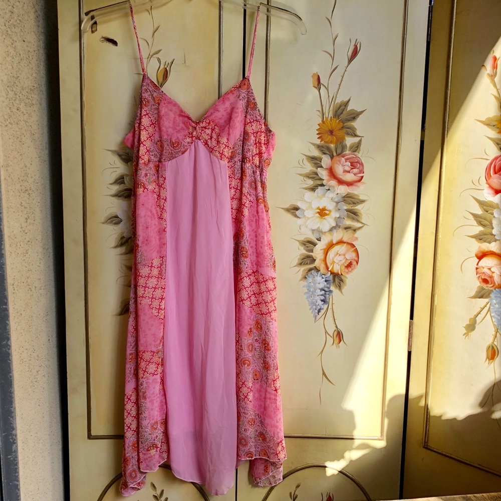 Cottagecore Romantic Pink Chiffon Boho Dress Asymmetrical